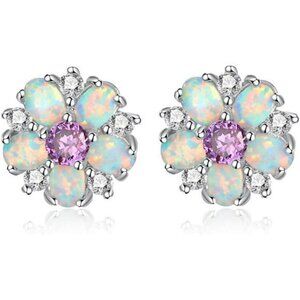Opal Flower Stud Earrings Sterling Silver Cute Jewelry Gift for Women Girls
